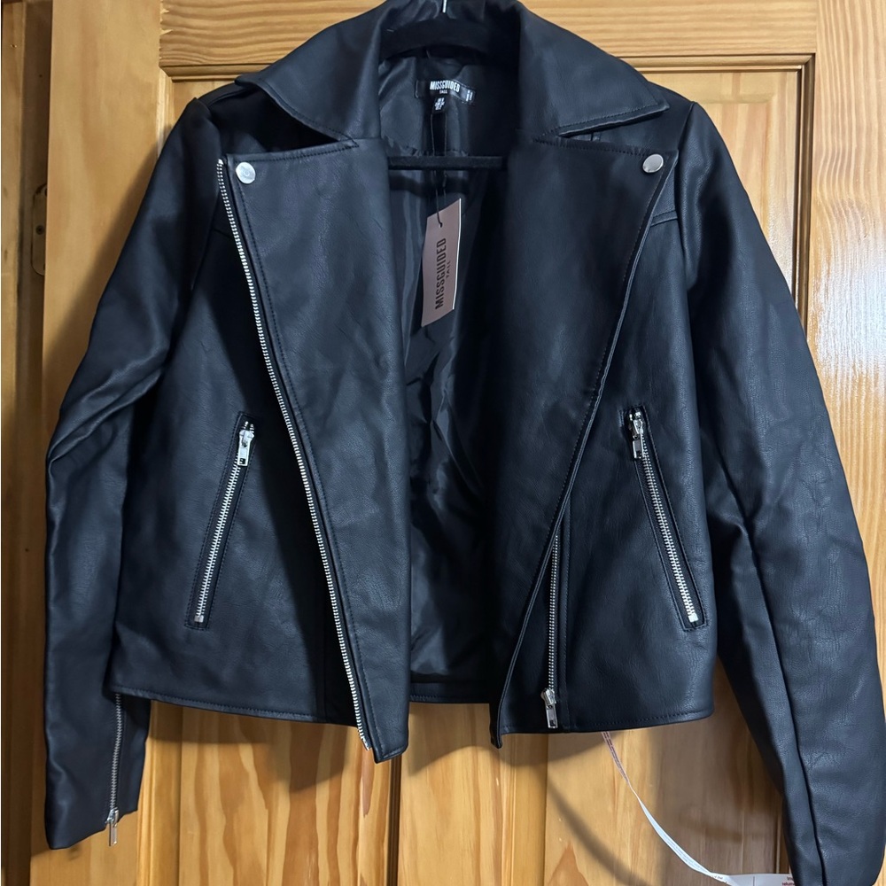 Missguided + Black Leather Moto Jacket with Silver Zippers